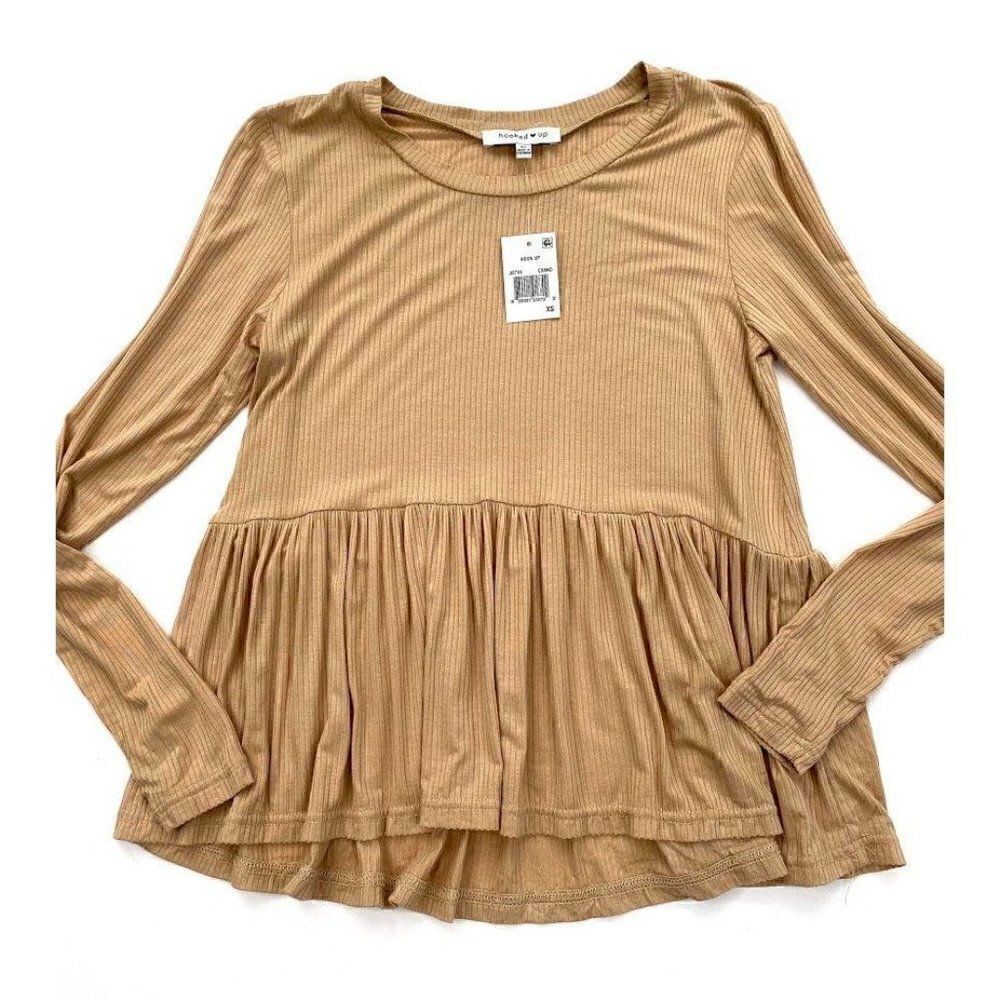 Hooked Up Babydoll Blouse Top XS Tan Cream Juniors